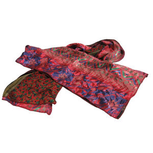 100% Silk Oblong Scarf Red Floral Print 8" x 72” Path of the Spirit New India